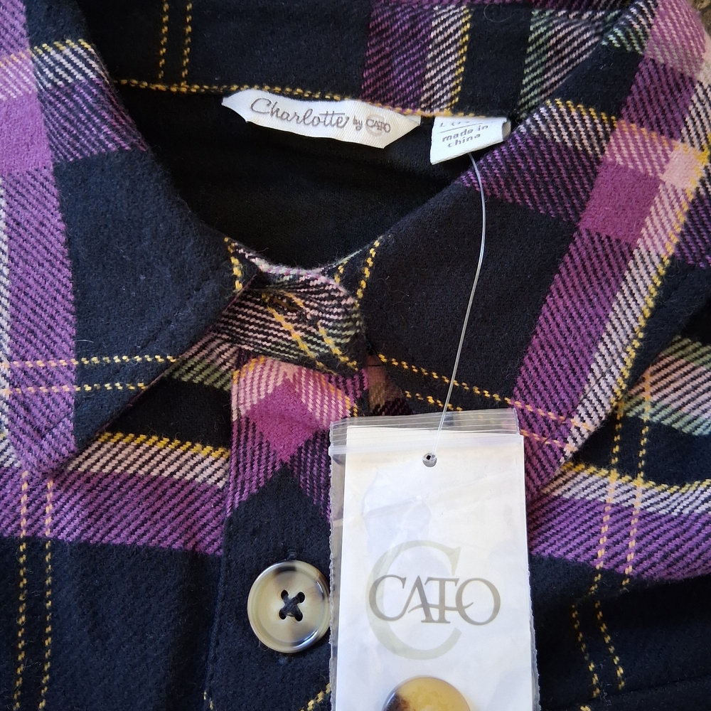 Cato Purple&Black Plaid Button Down Flanel With Front & Side Pockets 100% Cotton - Picture 3 of 15